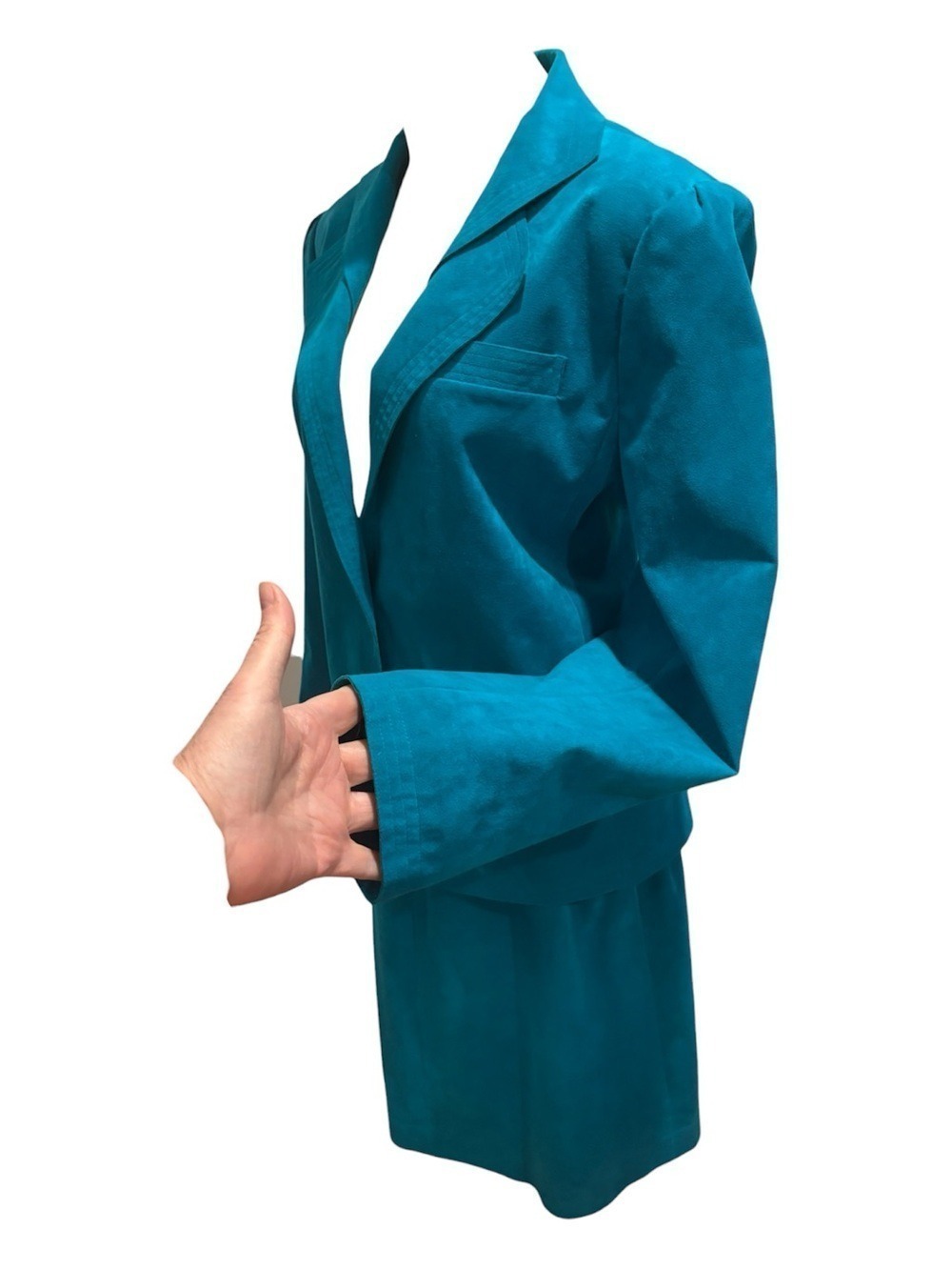 CHARLES KLEIN 2PC 90s ULTRA SUEDE TEAL RELAXED FIT DBL LAPEL BLAZER & SKIRT 12 - Picture 5 of 9